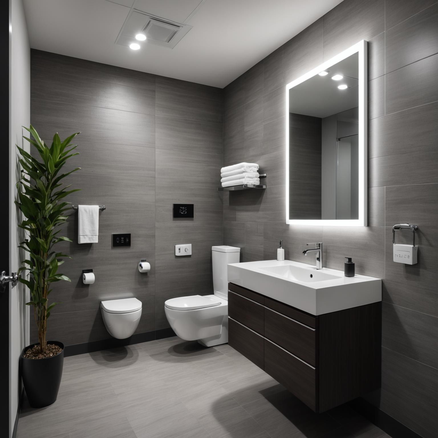 Plumber installing fixtures in an office washroom