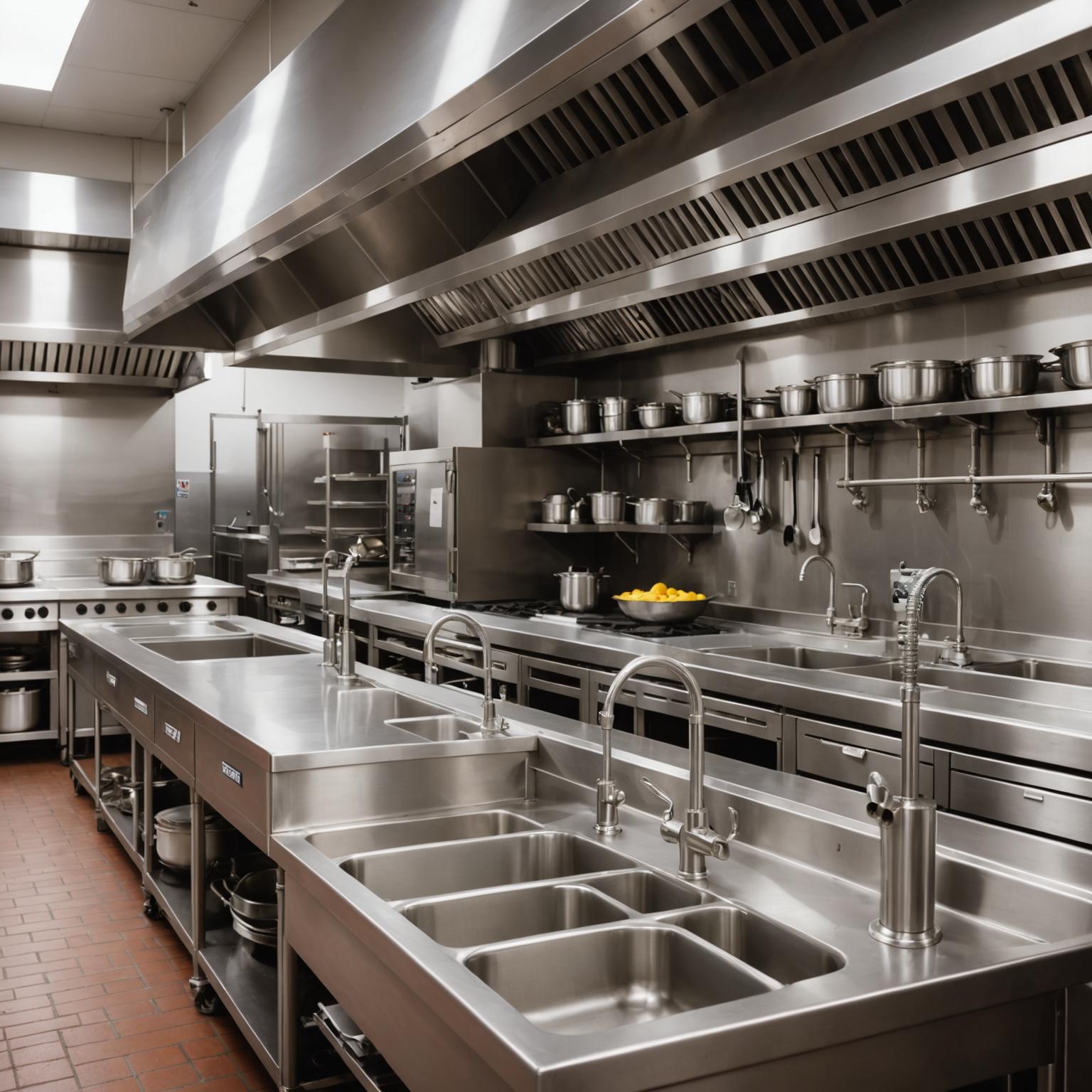Stainless-steel commercial kitchen plumbing installation