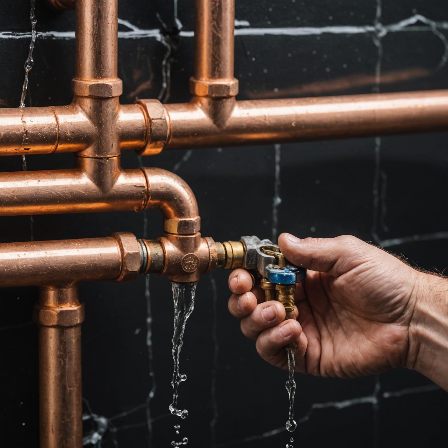 Close-up of a burst copper pipe leaking water