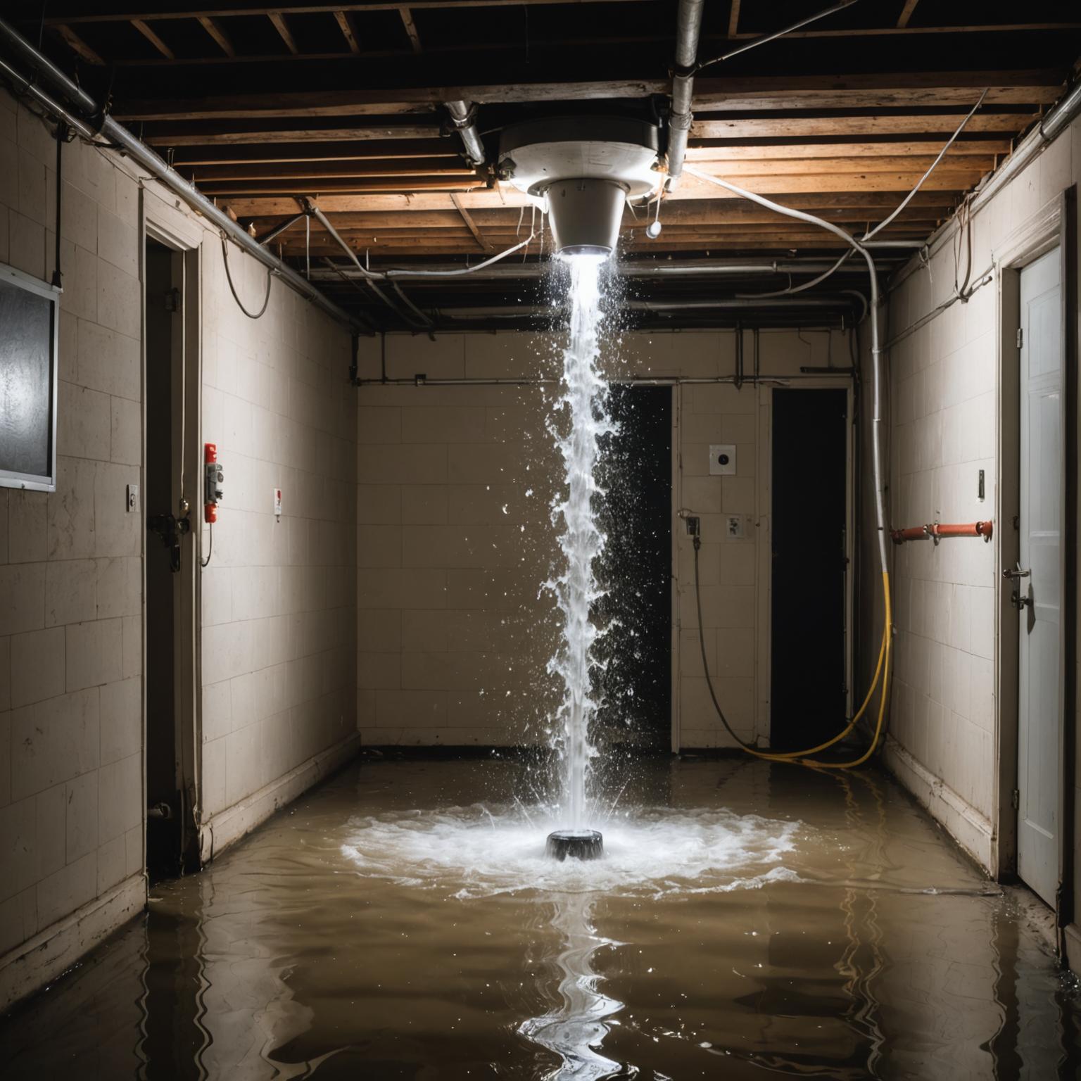 Emergency plumber repairing a burst pipe with water spraying